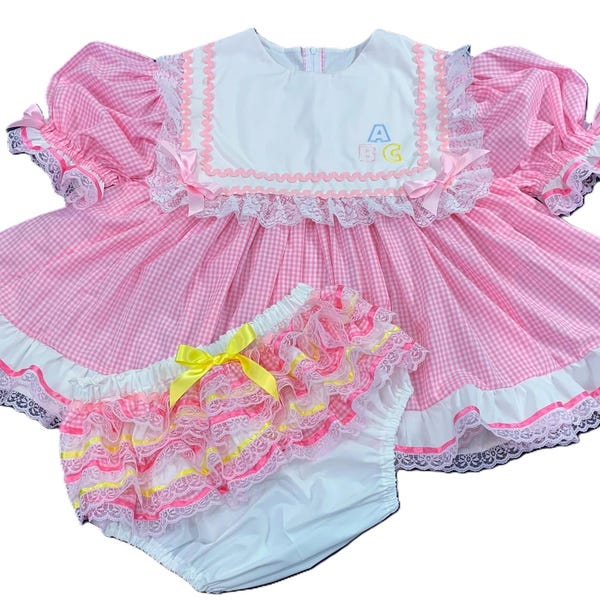 ABDL Sissy Littles Adult Baby Pink Gingham Dress Set Embroidered ABC Ruffle Diaper Cover