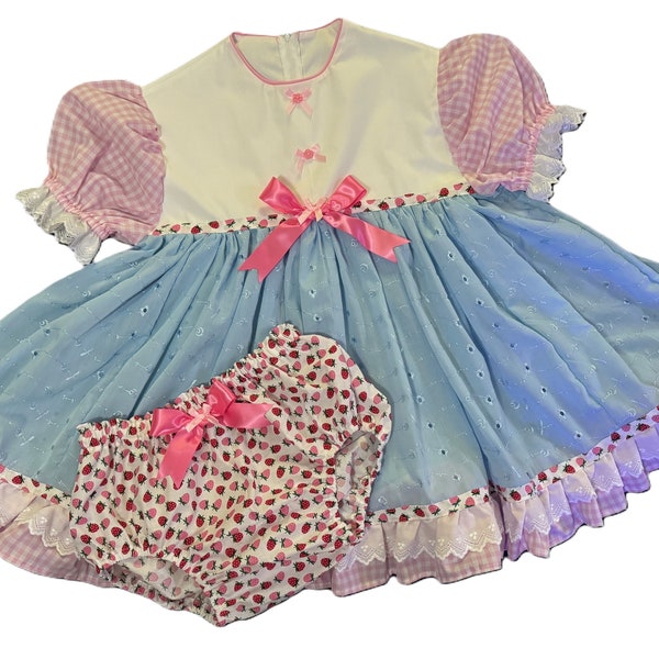 Adult Baby Sissy Littles abdl STRAWBERRY GIRL Blue Eyelet Dress Set My Binkies and Bows