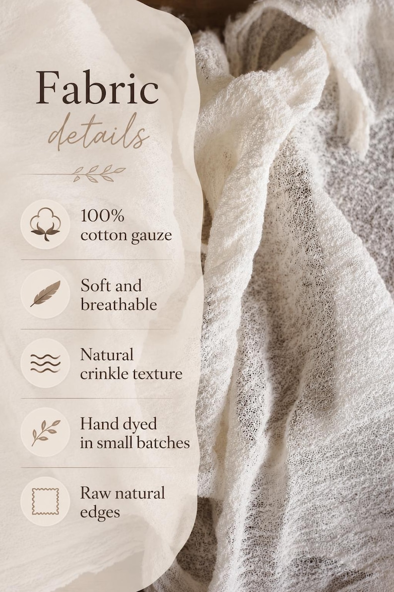K&ouml;nnte beinhalten: Cremewei&szlig;er Baumwollgaze-Stoff mit knittriger Textur und rohen Kanten. Der Text auf dem Bild lautet: Fabric details, 100% cotton gauze, Soft and breathable, Natural crinkle texture, Hand dyed in small batches, Raw natural edges.