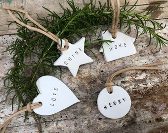 4 Pack of Farmhouse Tree ornaments, Clay Gift tags, Christmas Gift tags, Christmas farmhouse gift tags. FREE SHIPPING