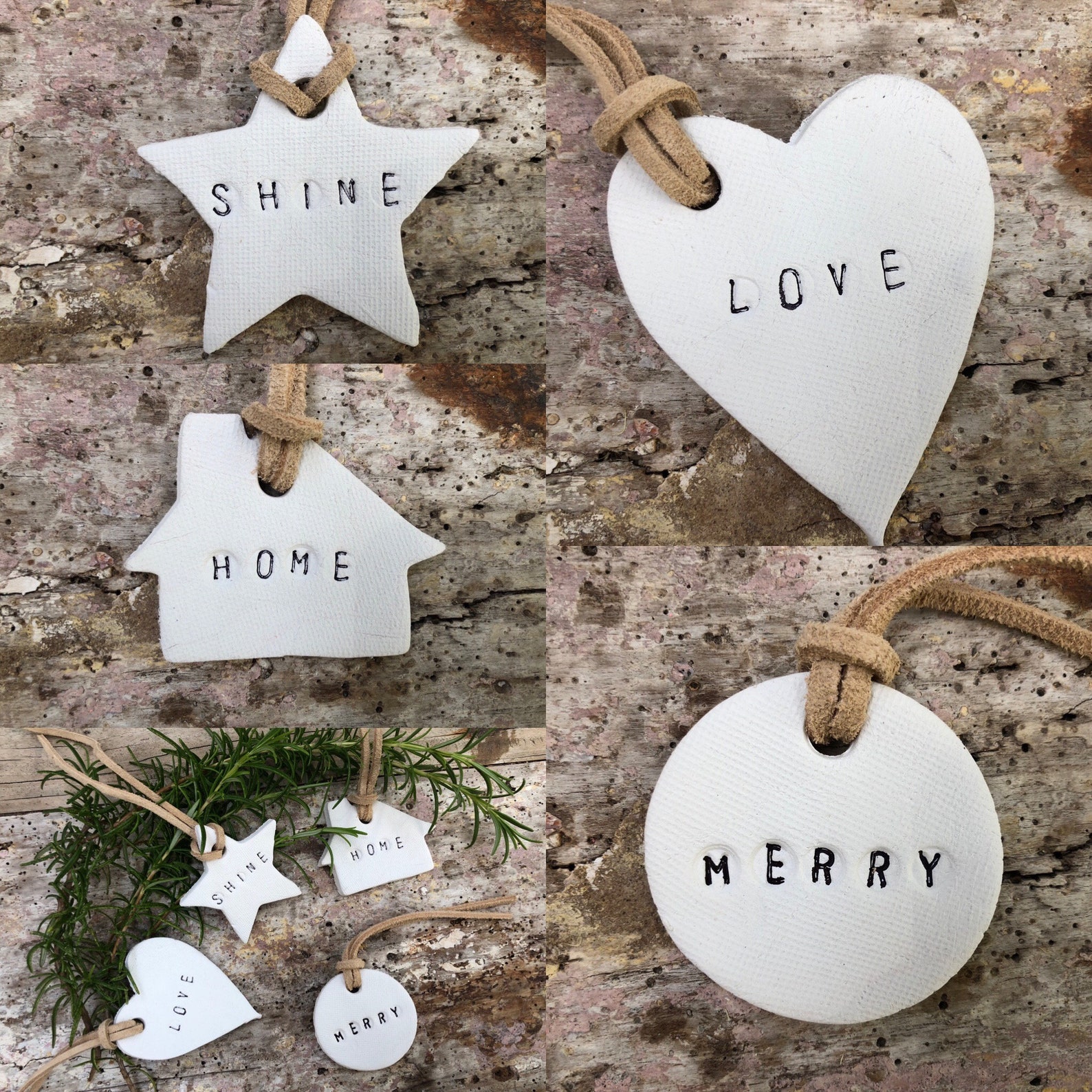4 Pack of Farmhouse Tree Ornaments, Clay Gift Tags, Christmas Gift Tags