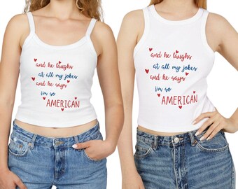 Canotta So American Racer, maglietta patriottica, canotta Olivia, regalo per amanti della musica, maglietta USA da ragazza, maglietta ispirata a Guts, canotta corta con spalline spagate.