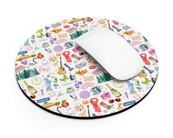 Tappetino per mouse con acquerelli Eras, regalo per amanti della musica, tappetino per mouse rotondo Taylor, decorazione colorata per la stanza, collage di epoche, decorazione carina per l'ufficio, regalo per appassionati di musica