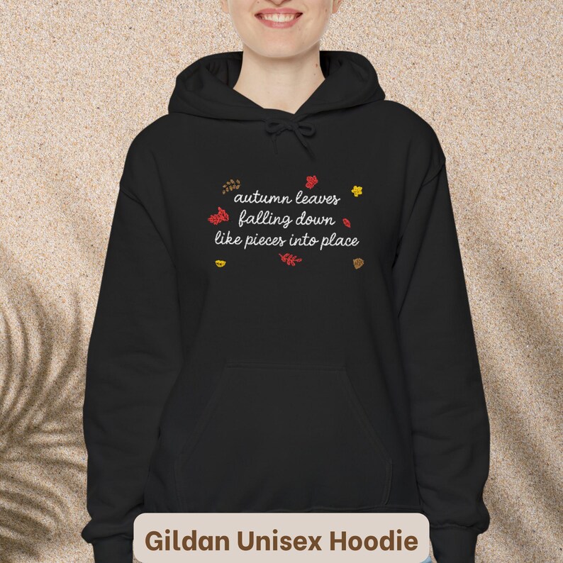 Sudadera con bordado de hojas de otoño cayendo, cómoda sudadera Taylor, sudadera All Too Well, sudadera con capucha, bordado de letras, regalo para amantes de la música imagen 9