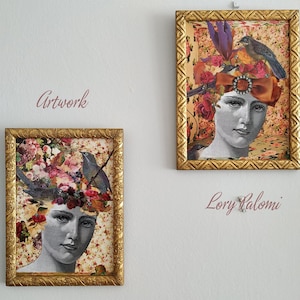 Könnte beinhalten: Zwei gerahmte Collagen-Kunstwerke mit dem Gesicht einer Frau mit einer Blumenkrone und Vögeln. Das Kunstwerk ist in goldenen Rahmen mit verzierten Details. Der Text "Lory Palomi" ist unter dem oberen Kunstwerk sichtbar.