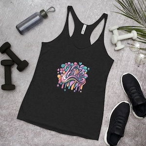 May include: Black tank top with a colorful graphic of the word "love" in a dripping paint style.