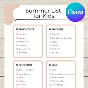Puede incluir: Una lista de verificación imprimible para que los niños la completen durante el verano. La lista de verificación se divide en cuatro categorías: Para leer/escuchar, Para jugar dentro, Para jugar afuera y Para aprender. Cada categoría tiene una lista de actividades, como leer un libro, jugar juegos de mesa, jugar al fútbol y aprender cosas nuevas.