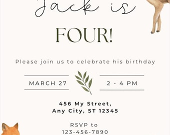 Editable Woodland Birthday Invitation-Watercolor Woodland Images