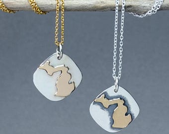 Made in Michigan Necklace - Silver and Gold State Jewelry Gift for Her P-1