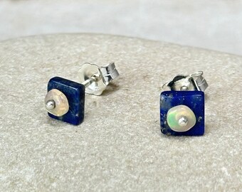 Square Lapis & Opal Stud Earring | Sterling Silver Opal Post |  Lapis Stud Earring Handmade Jewelry Artisan Hand Made Jewelry by Hanni