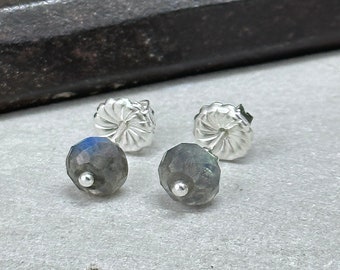 Faceted Labradorite Stud Earrings | Sterling Silver Post Earring | Labradorite Jewelry Flashy Grey Iridescent Stone Jewelry Luxury Ear Ring