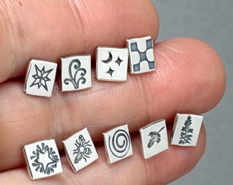 Silver Square Stud Earrings - Handmade Minimalist Earring - Star Moon Bee Tree Sky Spiral EP-89