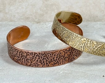 Oak Leaf & Acorn Cuff Bracelet in Sterling, Copper or Brass, Woodland Pattern Jewelry for Nature Lovers Silver Handmade Jewelry by Hanni