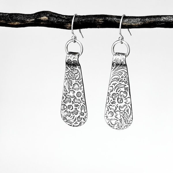 Teardrop Floral Earrings with Vintage Engraved Flower Pattern with Leaves, Minimalist Handmade Sterling Silver Jewelry Gardener Gift for Her