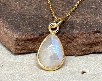 Tiny Rainbow Moonstone Necklace | Gold Moonstone Jewelry Pendant Charm Necklace | White Energy Stone Wedding Jewelry Handmade by Hanni