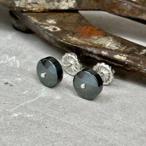 Unique Hematite Stud Earring Large Round Gray Post with Sterling Silver Ball Hematite Jewelry Artist Handmade in Michigan Hanni Jewelry image 1