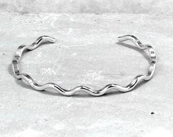 Squiggle Sterling Silver Cuff Bracelet, Simple Dainty Minimalist Jewelry with Curves & Waves, Artist Handmade Silver by Hanni Jewelry