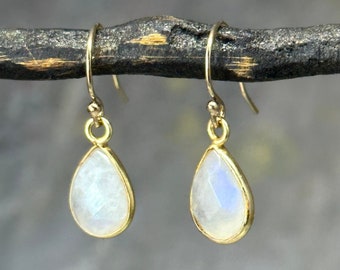 Tiny Moonstone Earrings | Gold Rainbow Moon Stone Dangle Drop Hook | White Energy Stone Wedding Jewelry Artisan Handmade by Hanni