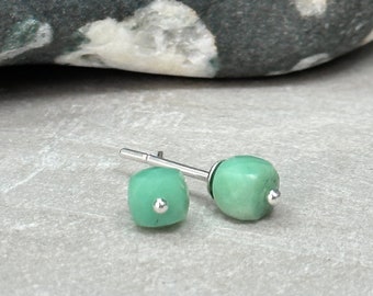 Small Chrysoprase Stud Earring | Square Light Green Post with Sterling Silver Ball | Chrysoprase Jewelry Artist Handmade by Hanni Jewelry