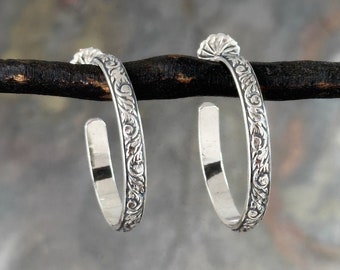 Silver Floral Hoop Earring - Simple Post Handmade Jewelry - Tiny Medium Large HP-6