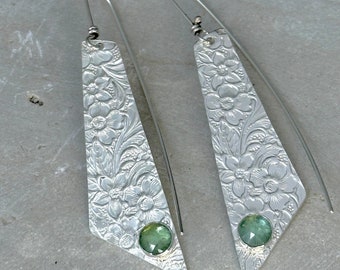 Long Sterling Silver Floral Earrings with Gemstone, Handmade Statement Jewelry