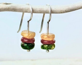 Multi Color Tourmaline Earrings | Yellow Pink Green Tourmaline Drop | Colorful October Birthstone Earring Fun Colorful Jewelry