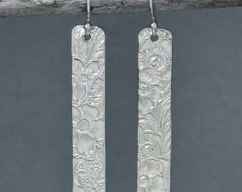 Floral Embossed Sterling Silver Bar Earrings - Handmade Flower Jewelry