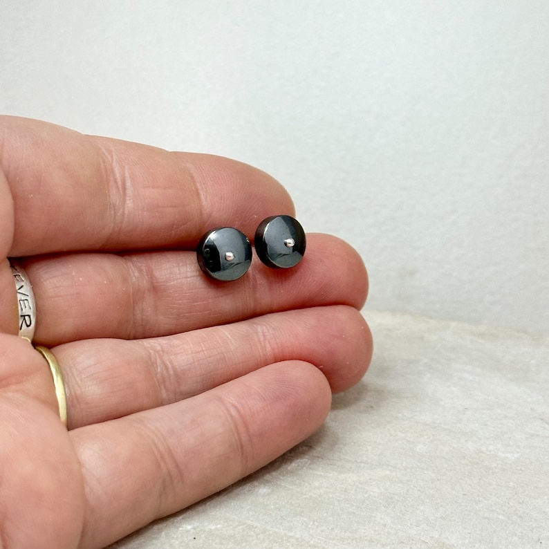 Unique Hematite Stud Earring Large Round Gray Post with Sterling Silver Ball Hematite Jewelry Artist Handmade in Michigan Hanni Jewelry image 3