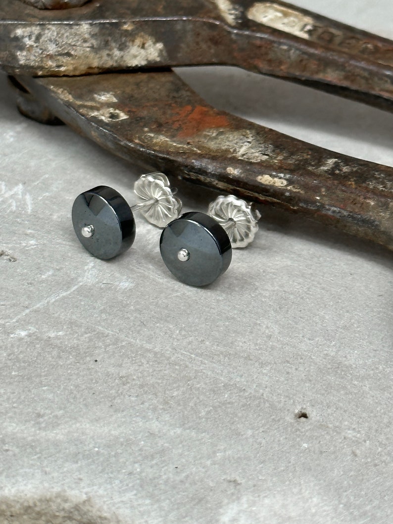 Unique Hematite Stud Earring Large Round Gray Post with Sterling Silver Ball Hematite Jewelry Artist Handmade in Michigan Hanni Jewelry image 6