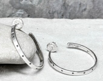 Sterling Silver Hoop Earrings with Dots - Minimalist Post Earring - Artist Handmade Jewelry HP-12