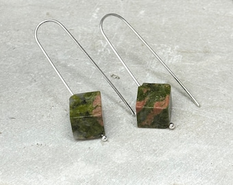 Square Unakite Earring Sterling Silver or 14kt Gold Natural Stone  Drop Earring CHOOSE LENGTH Unakite Jewelry Handmade Jewelry by Hanni, MI