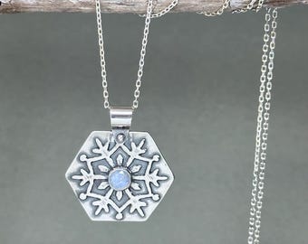 Sterling Silver Snowflake Necklace - Gemstone Winter Handmade Jewelry