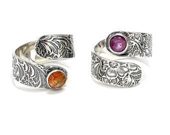 Flower Ring - Adjustable Sterling Silver Floral Gemstone Jewelry - Gardener Gift - Handmade RR2/4