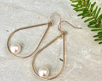 Large Gold and Pearl Dangle Earring | White Pearl in Gold Teardrop Earring | June Birthstone Jewelry Stylish Party Earring Statement Jewelry