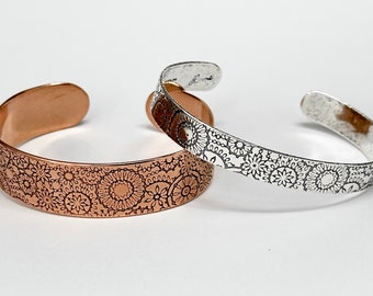 Flower Cuff Bracelet - Floral Jewelry Hippie Gardener Gift - Sterling Silver, Copper, Brass RCB-6