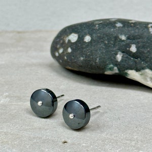 Unique Hematite Stud Earring Large Round Gray Post with Sterling Silver Ball Hematite Jewelry Artist Handmade in Michigan Hanni Jewelry image 2