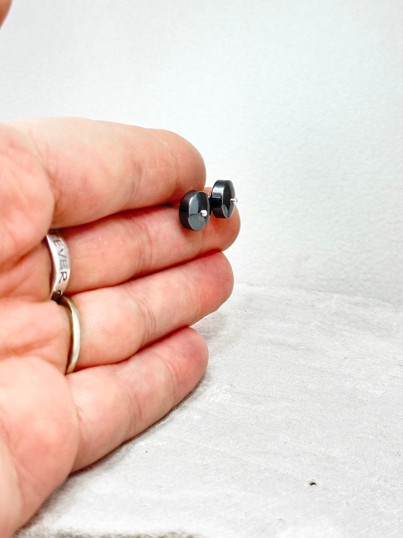 Unique Hematite Stud Earring Large Round Gray Post with Sterling Silver Ball Hematite Jewelry Artist Handmade in Michigan Hanni Jewelry image 7