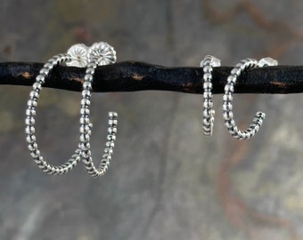 Silver Bead Hoop Earring -Simple Modern Post - Contemporary Sterling Handmade Jewelry HP-3