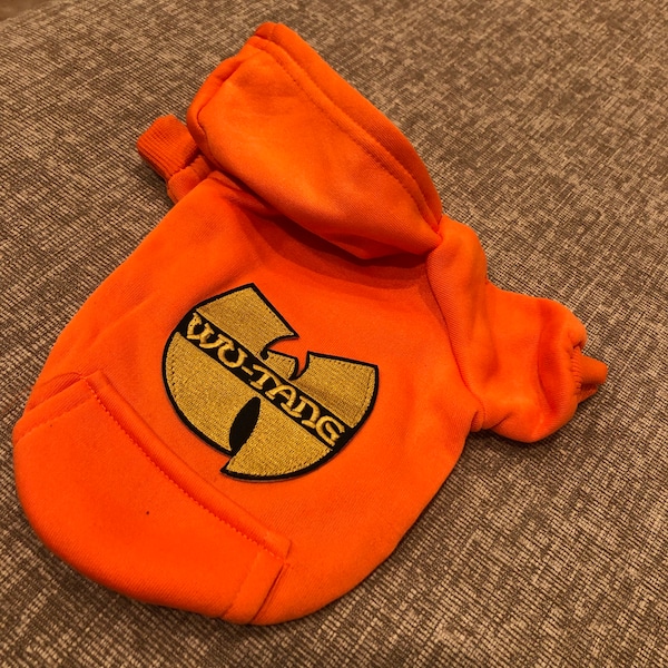 Rap hip hop Wu  Bright orange hooded street  rapper dog cat pet sweatshirt sweats jacket coat patch embellished couture designer M L S