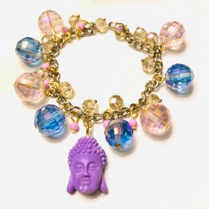 Buddha Ganesha tribal yogi yoga meditation inspirational charm glass iridescent beads bracelet purple pink blue head unique ooak peace love