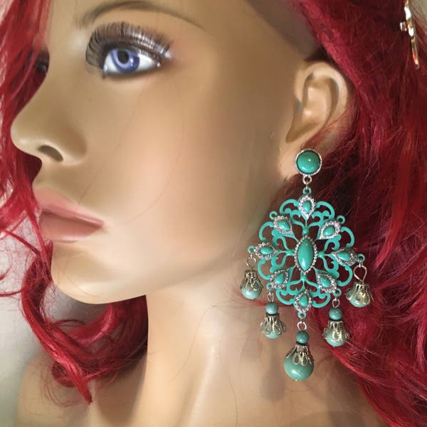 CHANDELIER BOHEMIAN QUEEN mint green drop bead boho filigree cameo cabachon oversized earring large big diva glam wives