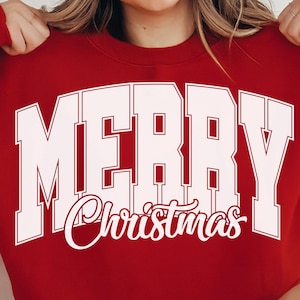Merry Christmas SVG PNG Distressed & Solid, Retro Christmas Shirt SVG Christmas Png Sublimation, Cricut Cut File, Varsity College Sweatshirt