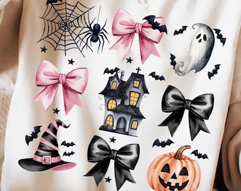 Halloween Coquette PNG halloween pumpkin with bows cute Halloween design for kids Preppy sublimation Spooky Png spiders ghost hunted house