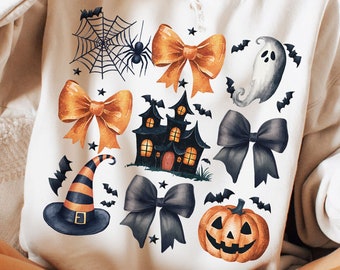 Halloween Coquette PNG halloween pumpkin with bows cute Halloween design for kids Preppy sublimation Spooky Png spiders ghost hunted house