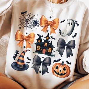ハロウィーンコケットPNG ハロウィーンカボチャとリボン、子供向けのかわいいハロウィーンデザイン、プレッピー昇華、不気味なPNGクモ、幽霊狩りの家