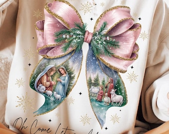 Jesus Christmas Coquette Bow Png, Christian Christmas Png, Nativity Scene Png, Baby Jesus Png, Bible Verse Png, Glitter, Pink Christmas Png