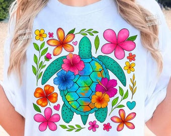 Floral Sea Turtle Summer PNG, Turtle Png Shirt, Beach Png, Boho Nautical Sublimation Design, Turtle Aesthetic Flower, Pink Summer girly png