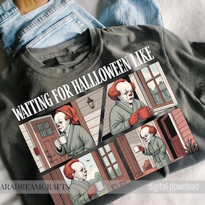 Wachten op Halloween zoals horrorfilmpersonages png, halloween png, horrorpersonage dagelijks leven, spookachtig seizoen png, herfstshirtontwerp