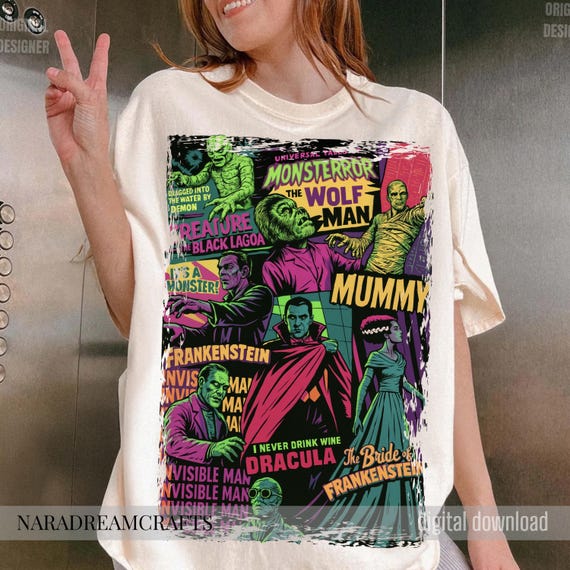 Retro Halloween Monsters PNG, Vintage Horror Characters Shirt PNG, 2025 Halloween Sublimation, Spooky Universal Horror PNG