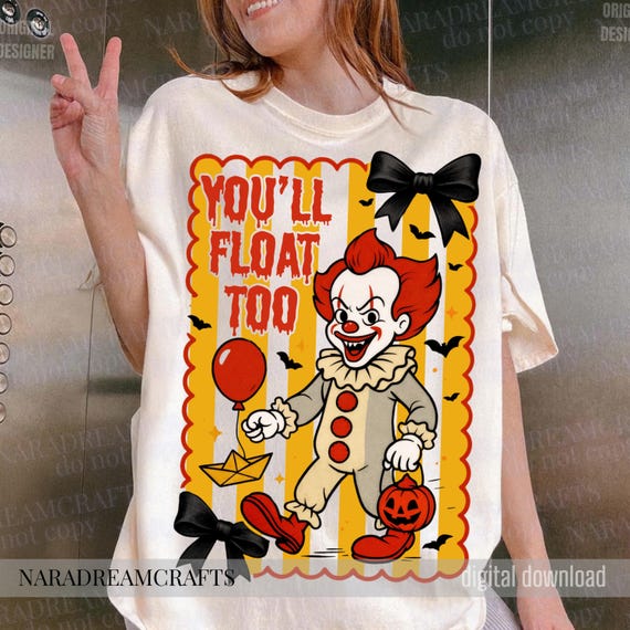 Creepy Clown Halloween Shirt PNG | You’ll Float Too Digital Download | Cute Horror Sublimation Design | Spooky Bow Clipart